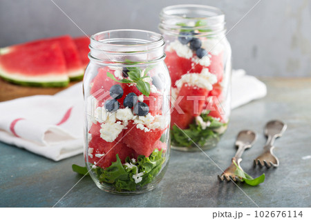 Watermelon salad in a jar with feta 102676114