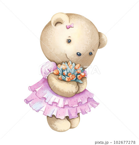 Cute bear in a pink dress with a bouquet of flowers. 102677278