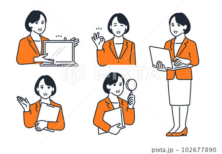 スーツを着た若い女性のシンプルな表情イラストセット素材 102677890