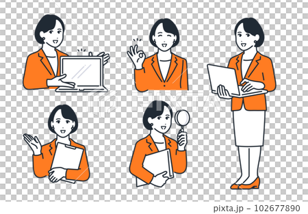 スーツを着た若い女性のシンプルな表情イラストセット素材 102677890