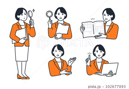 若いビジネスウーマンのシンプルな表情イラストセット素材 102677893