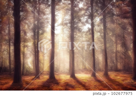 <<AI画像>>日の光が差し込む秋の森林 102677975
