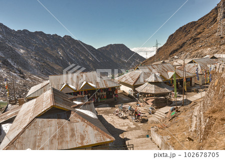 Rooftop of a Bazar Market surrounded by Mountain Valley. Top view. Sikkim West Bengal India 102678705