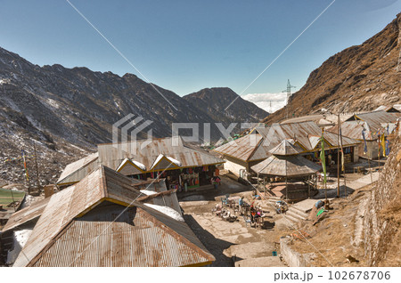 Rooftop of a Bazar Market surrounded by Mountain Valley. Top view. Sikkim West Bengal India 102678706
