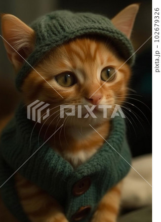 Ginger kitten in chunky knit green sweater and hat. Generative AI 102679326
