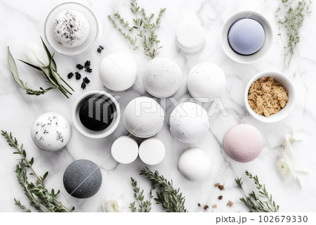 Spa composition with bath bombs and salts. Generative AI 102679330