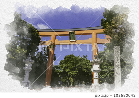水彩画風　大麻比古神社　大鳥居　徳島県鳴門市 102680645