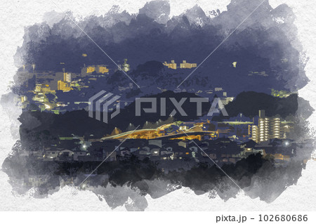 水彩画風　宮島と廿日市市街地　広島県廿日市市 102680686