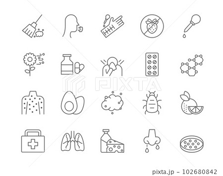 Allergic icons. Medical outline symbols. Animal fur and dust allergy. Insects bites. Sickness rash skin. Rhinitis symptom. Sneeze or itching from flowers pollen. Vector line pictograms set Allergic icons. Medical outline symbols. Animal fur and dust allergy. Insects bites. Sickness rash skin. Rhinitis symptom. Sneeze or itching from flowers pollen. Vector line pictograms set 102680842