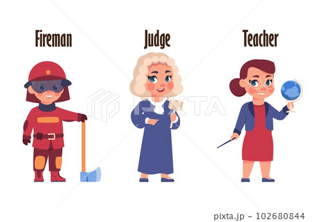 Kids in uniform. Cute children with work tools. Different professions. Teacher and judge. Firefighter with ax. Happy boy and girls. Occupation and labor. Vector professional workers set Kids in uniform. Cute children with work tools. Different professions. Teacher and judge. Firefighter with ax. Happy boy and girls. Occupation and labor. Vector professional workers set 102680844