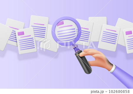 Magnified glass, many papers, hand hold optical tool. Employer looking for contract, cv search or review, information. Business concept. Vector cartoon 3d render illustration 102680858