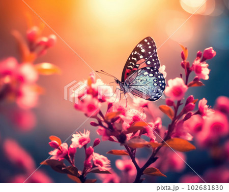 Nature background with flowers and butterfly in spring morning Nature background with flowers and butterfly in spring morning 102681830