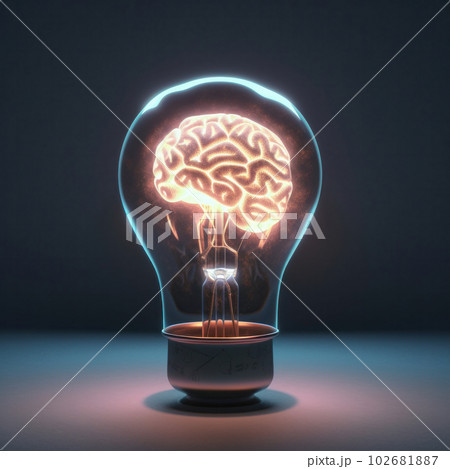 Light bulb with a glowing brain inside represents the potential for innovative thinking and the power of intelligence. This image is perfect for showcasing the concept of vision. AI Generative 102681887