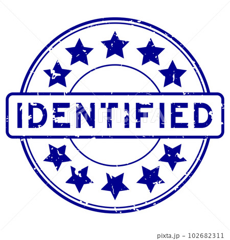 Grunge blue identified word with star icon round rubber seal stamp on white background 102682311
