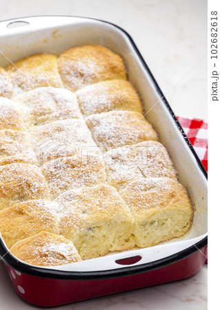 traditional Czech stuffed buns in baking tray 102682618
