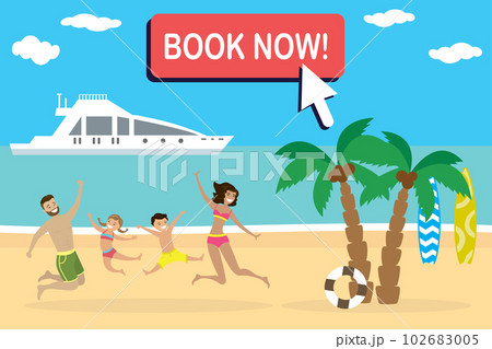 Cartoon tropical landscape,Happy family jumping on the beach 102683005
