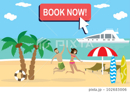 couple of people in swimsuits jumping with joy 102683006