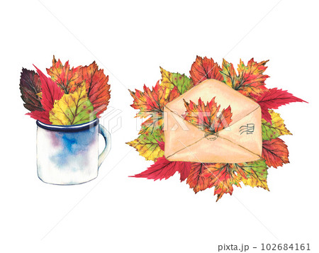 Envelope on yellow and autumn leaves in a enameled mug on a whit background. Watercolor illustration. Clip art botany foliage for greeting cards, wedding invitations, quote and decorations 102684161