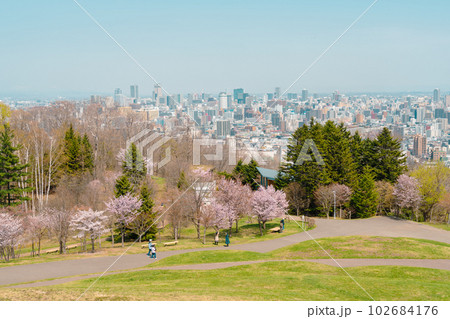 Panoramic view of Sapporo city and Asahiyama Memorial Park at spring in Sapporo, Hokkaido, Japan 102684176
