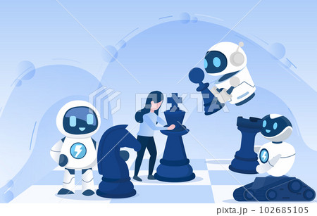Business and teamwork between human and robot concept. Playing chess means strategy management, tactics, support, competition, improvement and development. Business and teamwork between human and robot concept. Playing chess means strategy management, tactics, support, competition, improvement and development. 102685105