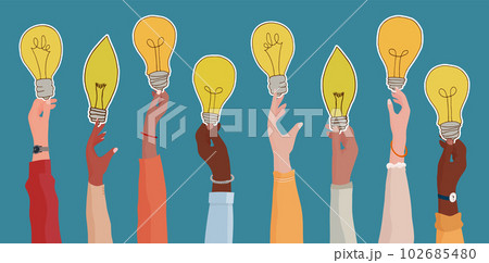 Raised arms of diverse and multi-ethnic business people holding a light bulb shaped label as a concept of innovation or startup or collaboration or financial investment.Community concept Raised arms of diverse and multi-ethnic business people holding a light bulb shaped label as a concept of innovation or startup or collaboration or financial investment.Community concept 102685480