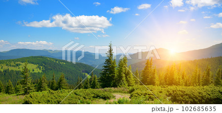 Beautiful bright sunrise in mountains and sky with white clouds. 102685635