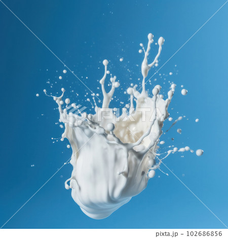 Abstract composition of milk splash on blue surface, minimalistic design is AI Generative. Abstract composition of milk splash on blue surface, minimalistic design is AI Generative. 102686856