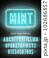 Mint sign and blue neon narrow bold font with numbers on vector dark brick wall background. Bright night light alphabet glow effect 102686857