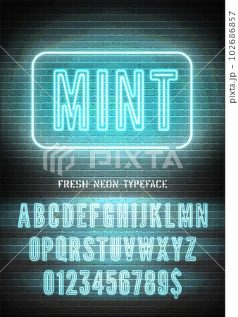 Mint sign and blue neon narrow bold font with numbers on vector dark brick wall background. Bright night light alphabet glow effect 102686857