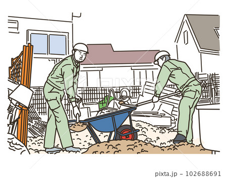 工事現場で作業をする作業服姿の男性達 工事現場で作業をする作業服姿の男性達 102688691