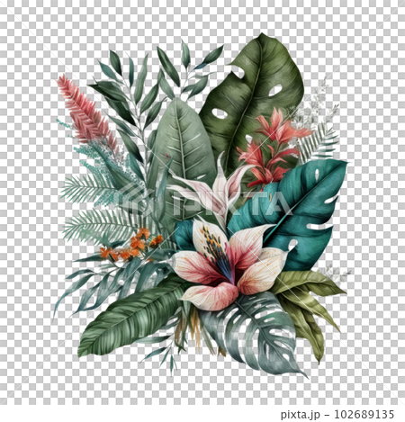 Watercolor tropical leaves. Illustration AI Generative 102689135