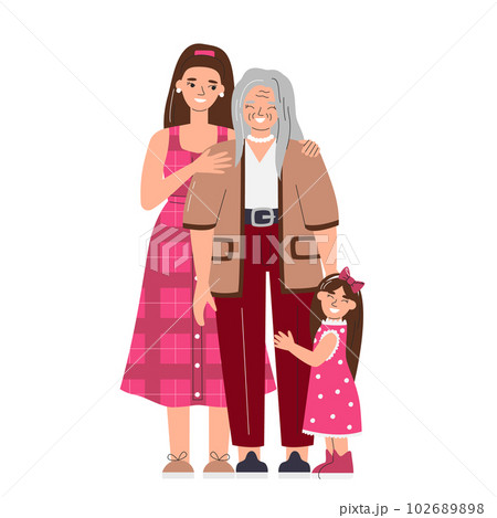 Three generations of women together. Happy bonding relationship characters isolated. Family hugging each other concept for mother's day. Holiday hand drawn flat vector illustration 102689898