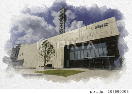 水彩画風　佐賀城下町　NHK新佐賀放送会館　佐賀県佐賀市 102690308