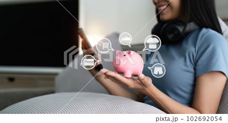 Woman thinking concept saving money and finance accounting Woman thinking concept saving money and finance accounting 102692054