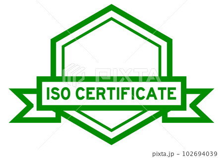 Vintage green color hexagon label banner with word ISO certificate on white background Vintage green color hexagon label banner with word ISO certificate on white background 102694039