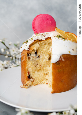 Piece of Easter cake on plate decorated with spring flower branches Piece of Easter cake on plate decorated with spring flower branches 102695366