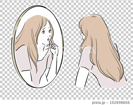鏡を覗き込むロングヘアの女性 鏡を覗き込むロングヘアの女性 102698608