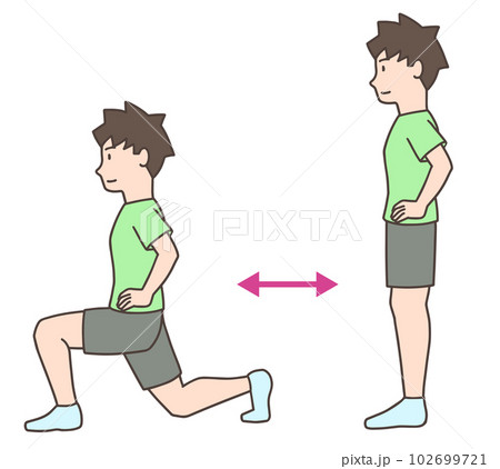 フロントランジで下半身の筋トレをする男性、エクササイズ フロントランジで下半身の筋トレをする男性、エクササイズ 102699721