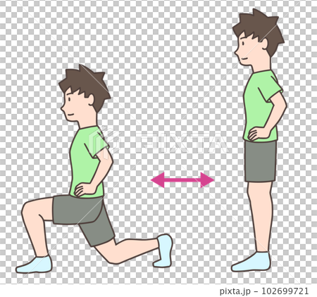 フロントランジで下半身の筋トレをする男性、エクササイズ フロントランジで下半身の筋トレをする男性、エクササイズ 102699721