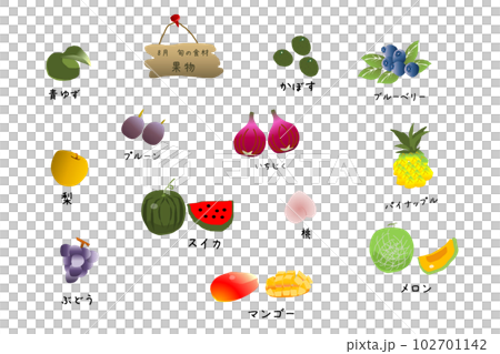 Seasonal fruits (August) cute illustration set Seasonal fruits (August) cute illustration set 102701142
