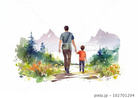 Happy father' day flat design father and son walk and hold hand watercolor style. 102701204