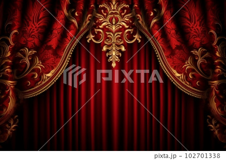 金の装飾が施された豪華な赤いカーテン：AI作品 102701338