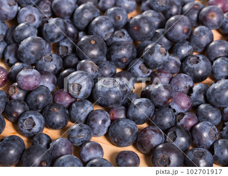 Blueberries on wooden board 102701917