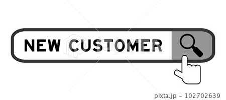 Search banner in word new customer with hand over magnifier icon on white background 102702639