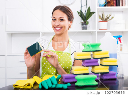 Woman sitting with cleaning sponges 102703656