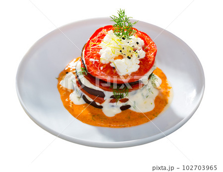 Grilled eggplant and tomatoes stack with spicy sauce Grilled eggplant and tomatoes stack with spicy sauce 102703965