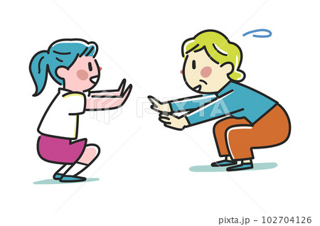 ロコモ運動器不全をしゃがみ込みでチェックしているおばあちゃんと孫　イラスト素材 102704126