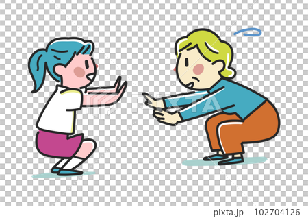 ロコモ運動器不全をしゃがみ込みでチェックしているおばあちゃんと孫　イラスト素材 102704126