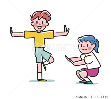 ロコモ運動器不全をチェックしている小学生　セット　イラスト素材 102704130