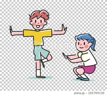 ロコモ運動器不全をチェックしている小学生　セット　イラスト素材 102704130